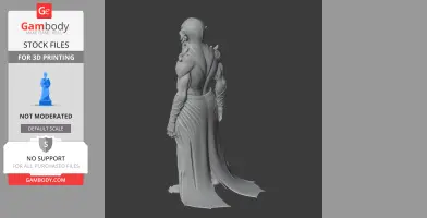 A detailed 3D model of a muscular, alien-like figure with flowing robes and intricate back details.