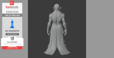 Back view of a detailed humanoid figure with horns and flowing robes, ready for 3D printing.