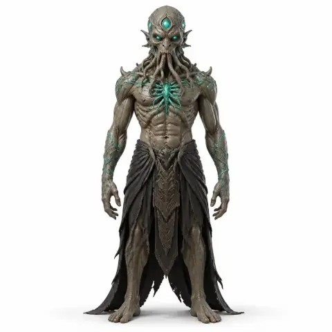 Creature with tentacled head, muscular build, glowing symbols, and tattered skirt, resembling celestial villain.
