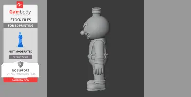 Side view of a cartoonish figure with bottle-shaped head, wearing overalls and shoes, for 3D printing.