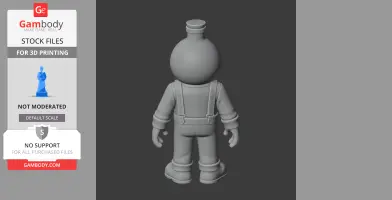 3D model of a cartoon character with a bottle-shaped head, wearing overalls, viewed from behind.