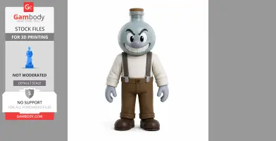 A cartoon character with a bottle-shaped head, suspenders, and a mischievous grin for 3D printing.