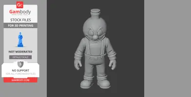 Anthropomorphic figure with a bottle cap head, wearing overalls and boots, ready for 3D printing.