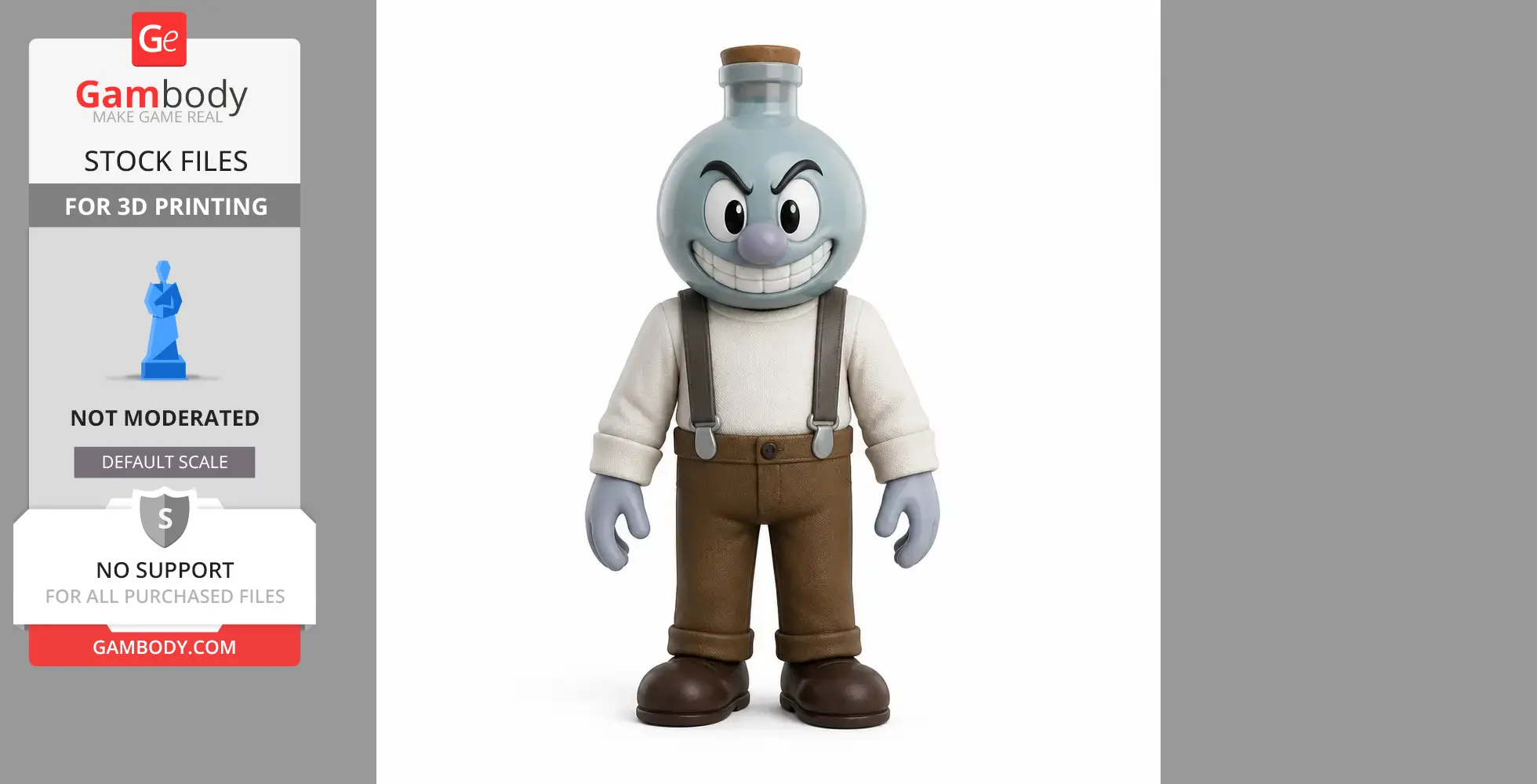 A cartoon character with a bottle-shaped head, suspenders, and a mischievous grin for 3D printing.