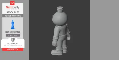 3D model of a cartoonish figure with a bottle as a head, wearing overalls and boots, viewed from the back.