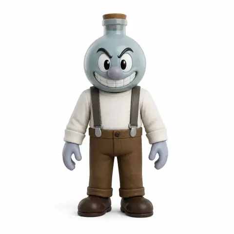 Grinning character with a bottle-shaped head, wearing brown suspenders and pants. 3D print model.