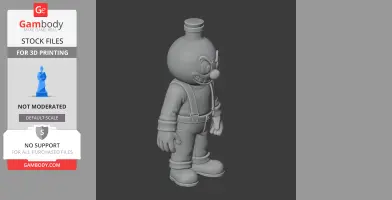 A 3D model of a cartoon character with a bottle head, overalls, and gloves, ready for 3D printing.
