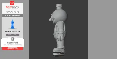 A side view of a cartoonish 3D character with a round head, big nose, and buckled overalls.