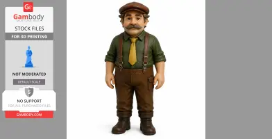 A figurine of a mustached man in suspenders, green shirt, yellow tie, and brown cap, ready for 3D printing.
