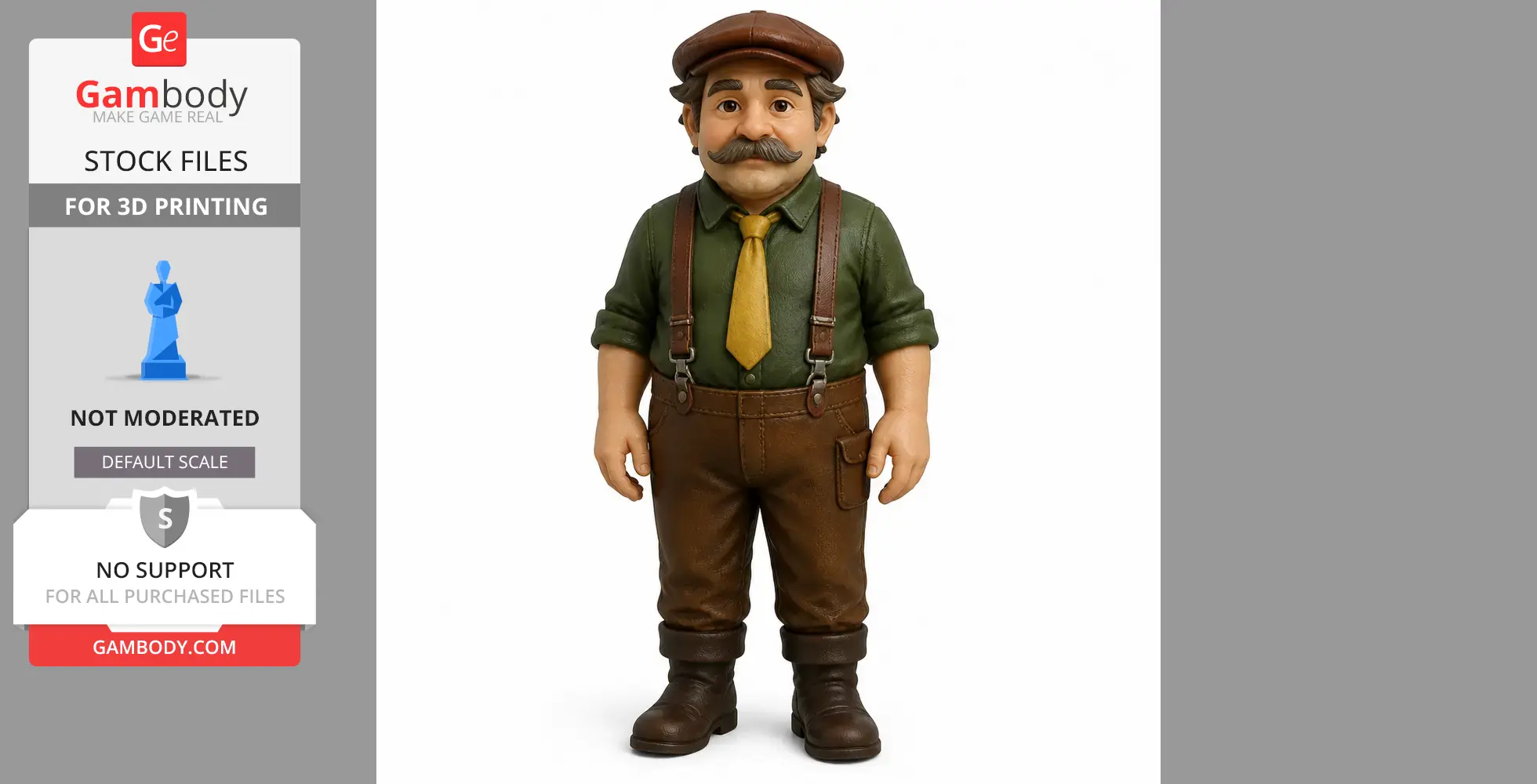 A figurine of a mustached man in suspenders, green shirt, yellow tie, and brown cap, ready for 3D printing.