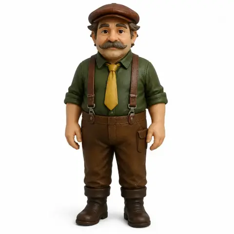 A figurine of a man in vintage attire with a cap, yellow tie, and suspenders, ready for 3D printing.