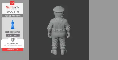 A 3D model of a character in overalls and a cap, viewed from the back, for 3D printing.