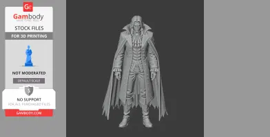 A detailed 3D model of a vampire figure with a long coat and cape, designed for 3D printing.