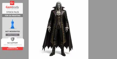 Character in an ornate vampire outfit with long coat, ruffled shirt, and boots, ready for 3D printing.