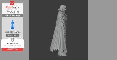 A detailed 3D model of a cloaked character in profile view, designed for 3D printing.