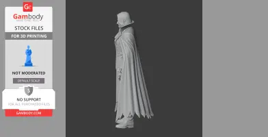 Side profile of a figure in a long coat and high-collared cape, designed for 3D printing.