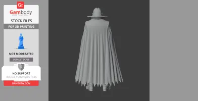 A 3D model of a cloaked character with a hat, viewed from the back, suitable for 3D printing.