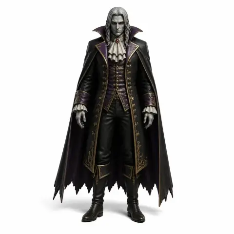 A detailed vampire figure in a formal outfit with a cape, featuring intricate clothing details.