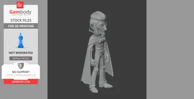 3D model of a stylized figure in a cape and hat, standing pose, for 3D printing.