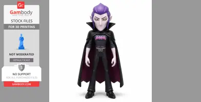 Vampire-like character figurine with purple hair, wearing a black cape and suit, from Brawl Stars, for 3D printing.