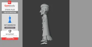 Stylized side view of a character figurine with cape, hat, and distinctive profile for 3D printing.