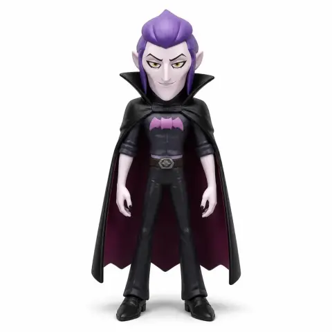 Stylized vampire character with purple hair, black cape, and bat emblem on chest, standing confidently.