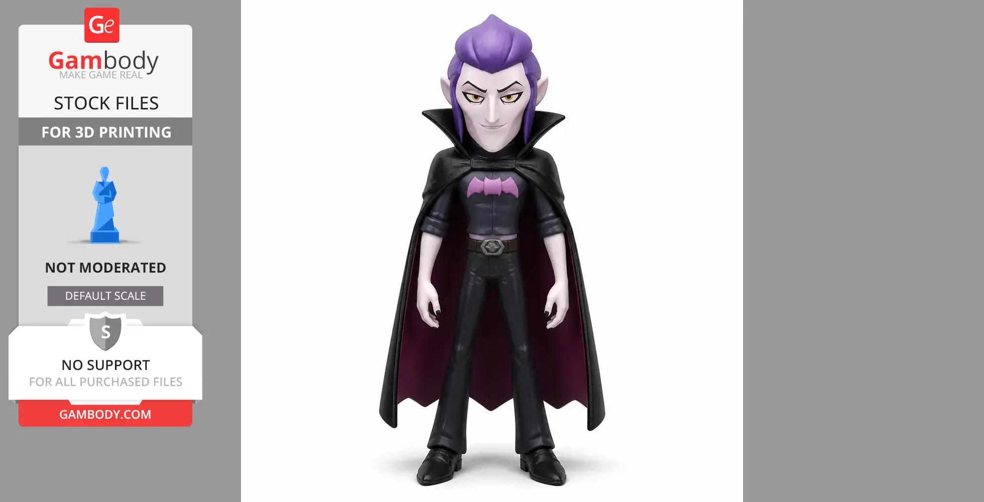 Vampire-like character figurine with purple hair, wearing a black cape and suit, from Brawl Stars, for 3D printing.