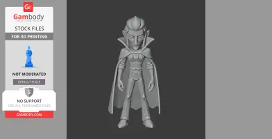 3D model of a tall character with a cape and slicked-back hair, designed for 3D printing.