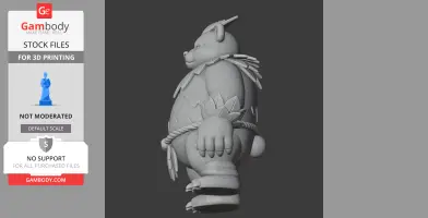 Plump creature figurine with horns, leaf-like ornaments, and rope belt, displayed in side view.