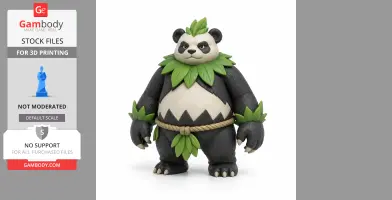 A bear-like creature with green leaf adornments and a rope belt.