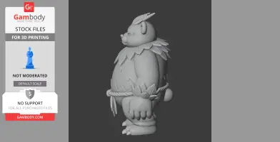 A cartoonish, bear-like figurine with leaf details and a rope belt, designed for 3D printing.