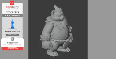 A rotund bear-like creature with leaf-shaped decorations and a rope belt, in a digital 3D model.