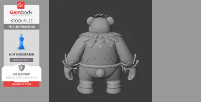 3D model of a bear-like figure with leaf collar, wristbands, and rope belt, viewed from the back.