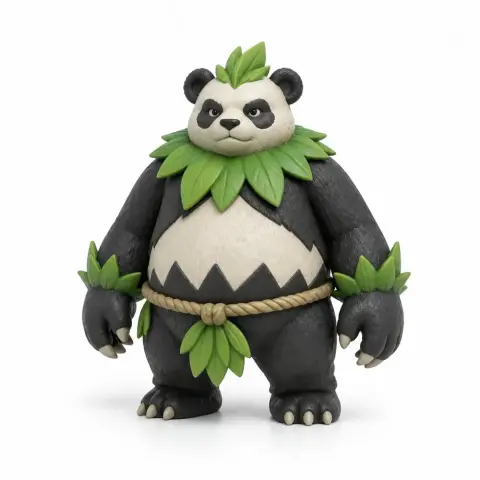 A panda-like character with green leaf accessories and a rope belt, designed for 3D printing.