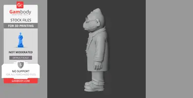 A 3D model of a character figure wearing a coat and glasses, viewed from the side.