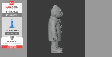 A 3D model of a creature in a coat, with glasses, viewed from the side, suitable for 3D printing.