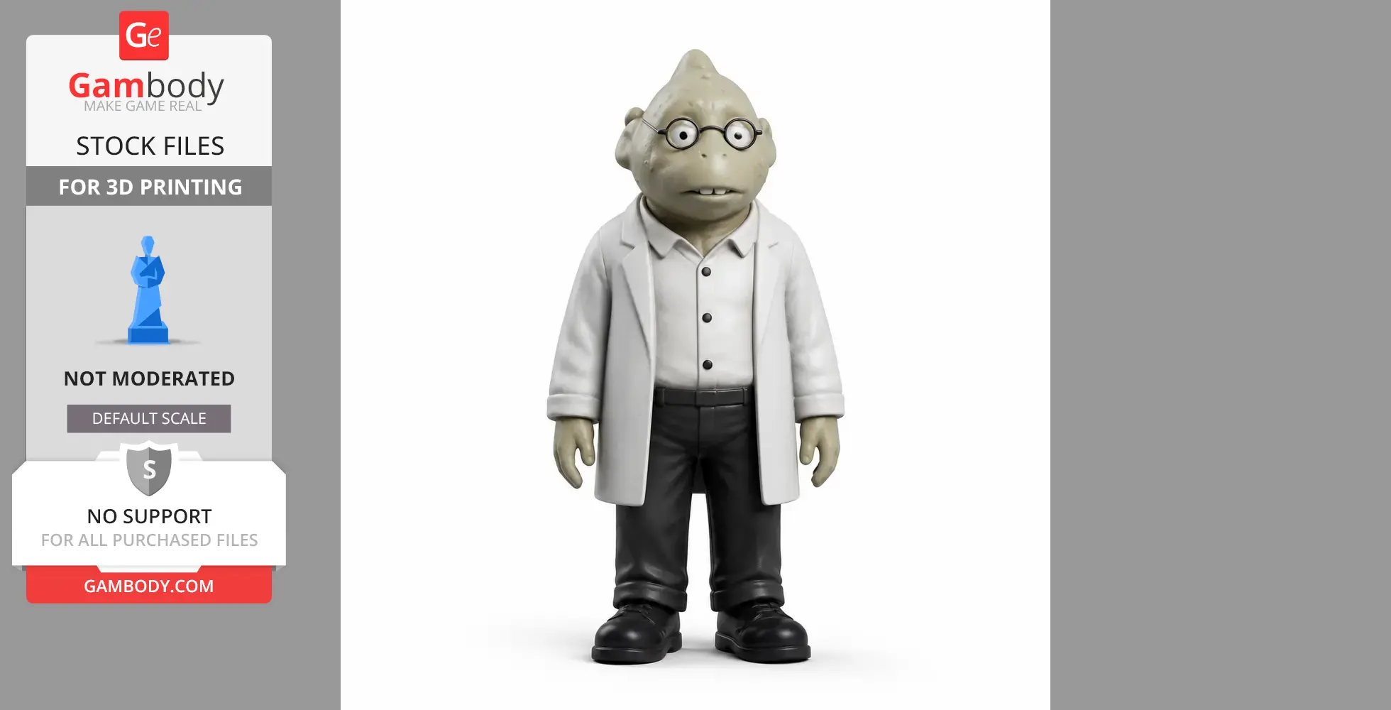A creature-like figure in a lab coat with glasses, dressed in a white shirt and black pants.