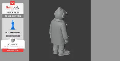 A 3D model of a character wearing a coat and glasses, viewed from behind, for 3D printing.