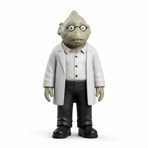 A reptilian humanoid figurine with glasses, lab coat, and formal attire.