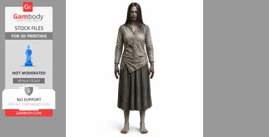 Gothic, ghostly female figure with long hair, wearing a tattered shirt and skirt, barefoot.