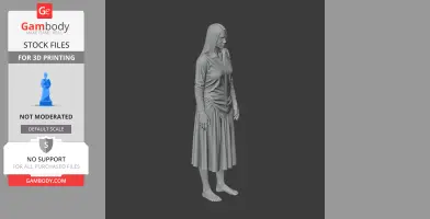 A detailed 3D figurine of a character with long hair in a long-sleeved shirt and skirt, standing barefoot.