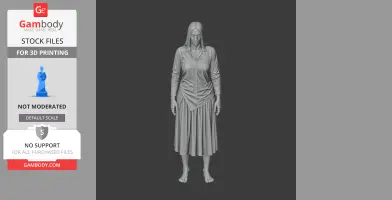 A 3D model of a long-haired figure in a draped outfit, standing barefoot.