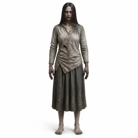 A ghostly female character with long dark hair, wearing a worn blouse and skirt, standing barefoot.