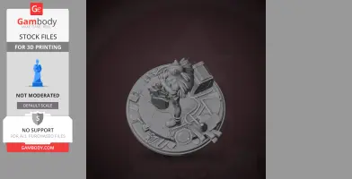 A 3D figure of a character standing on a detailed round base with various objects and cables.