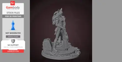 Detailed character figure with long hair, standing on a textured base, holding a futuristic weapon.