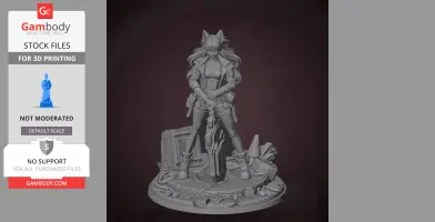 A detailed 3D model of a female character with cat ears, holding a weapon, standing on a cluttered base.
