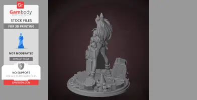 A 3D model of a character with long hair and cat ears, standing on a detailed base with various objects.