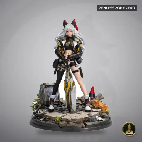 A detailed figure of a character with long hair, sword, and urban outfit, standing on a themed base.