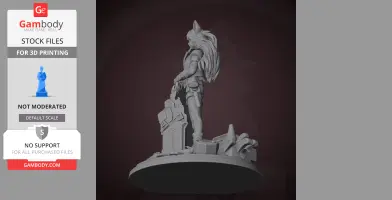A detailed 3D model of a character with long hair and armor, standing on a decorative base.