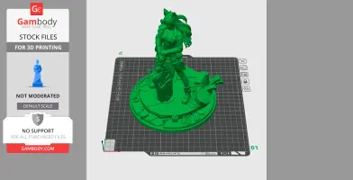 A detailed 3D model of a character in dynamic pose with flowing hair, standing on a decorative base.